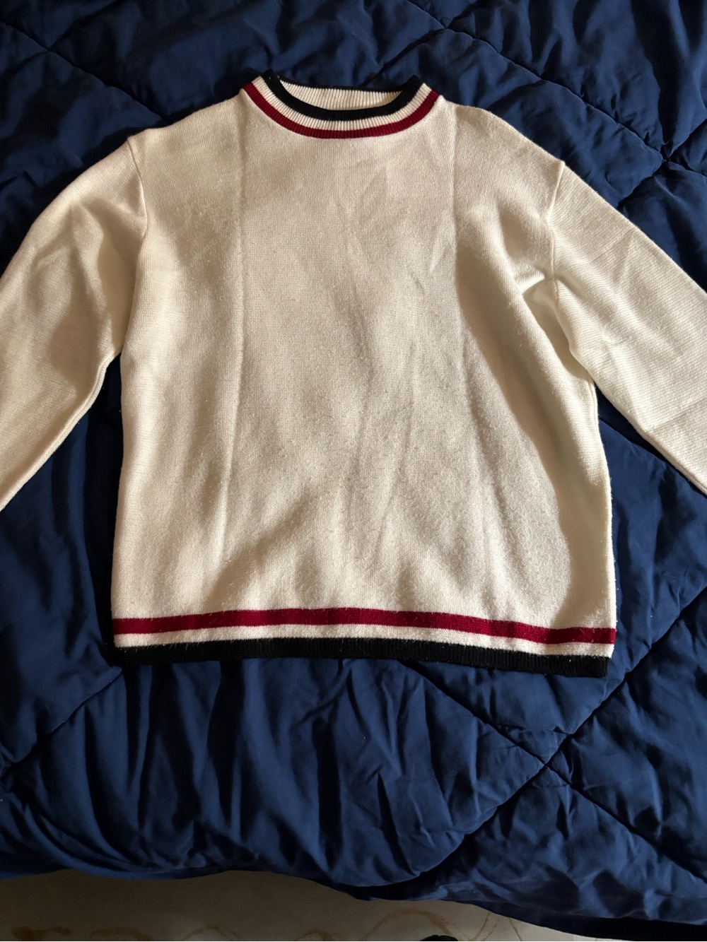 Puritan Cream Sweater with Bowling Red and Blue Strips Edge - Picture 3 of 16